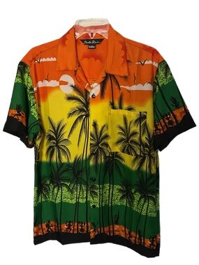 Men’s M Tropical Shirt Short Sleeve Rastafarian Sunset Palm Trees Collared